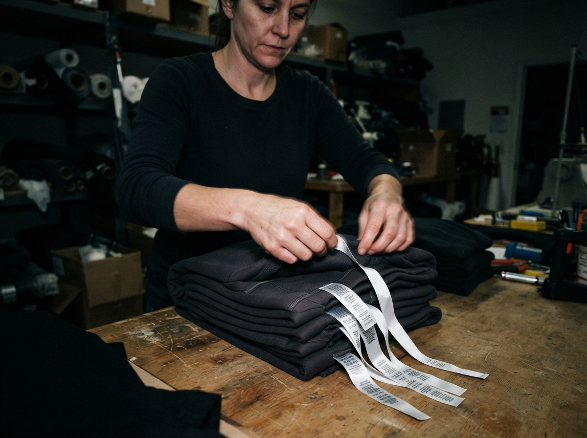 A candid mid-distance shot taken with a small on-camera flash in a dim production room, showing a...