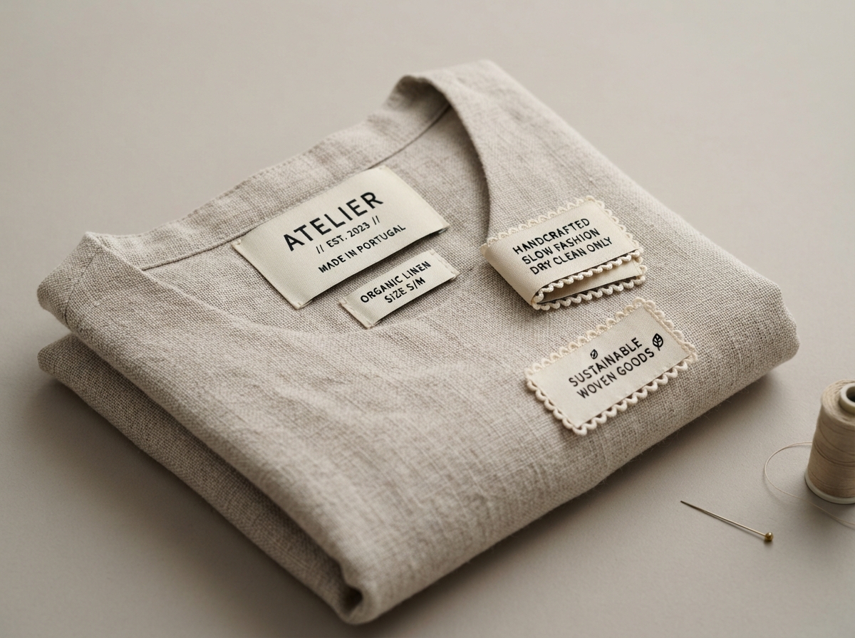 Studio product photograph: a , polished arrangement of several custom clothing tags and a folded...