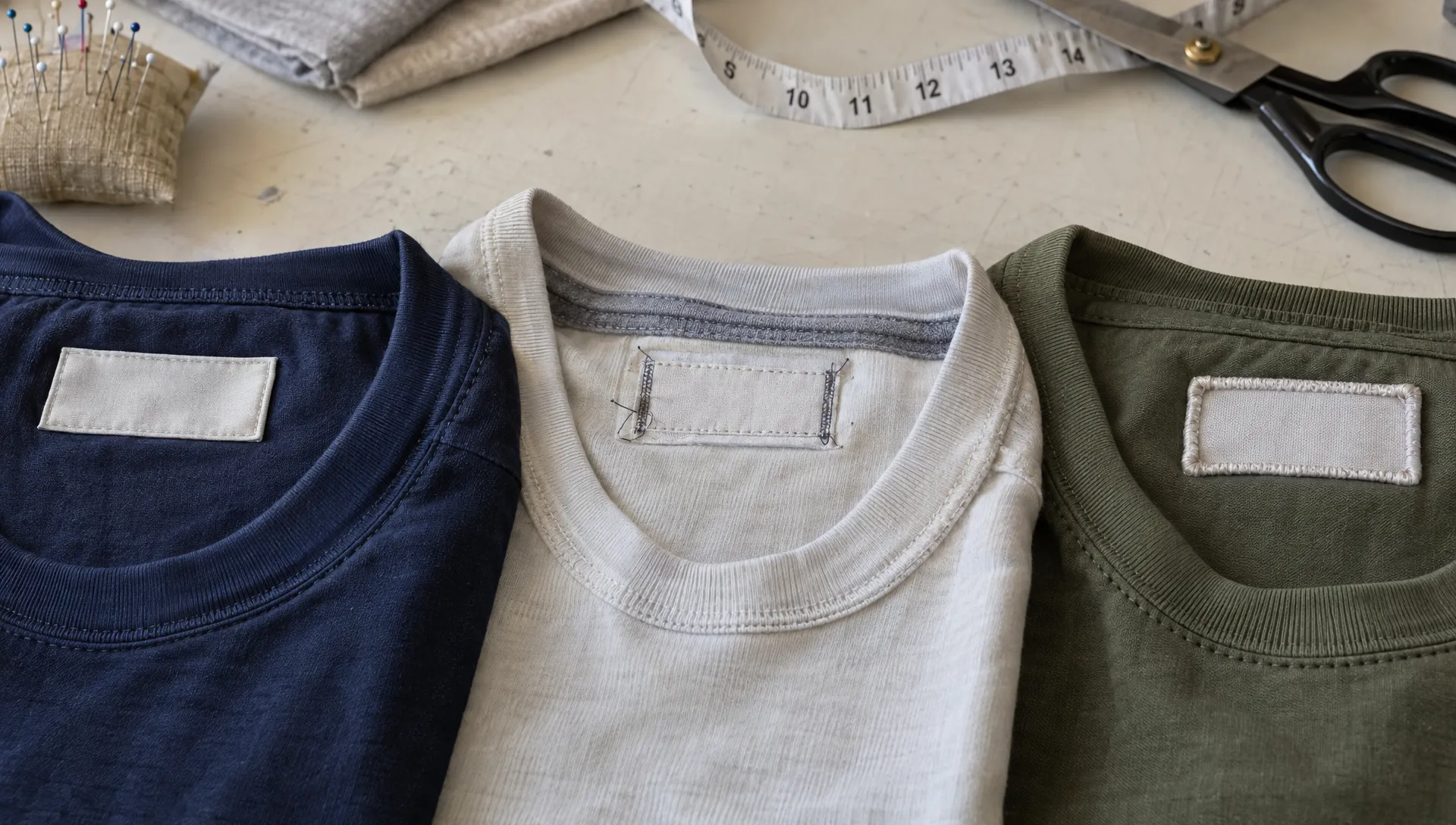 Three garment necklines show embroidered labels with a covered reverse, exposed stitches, and a raised border for comfort comparison.
