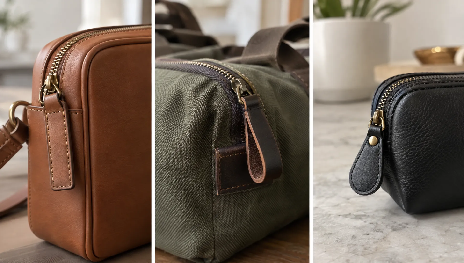 Three leather zipper pulls appear on their bags: a rectangular tab on a structured crossbody, a folded loop on a canvas weekender, and a rounded tab on a small pouch, with their edges and attachments visible.