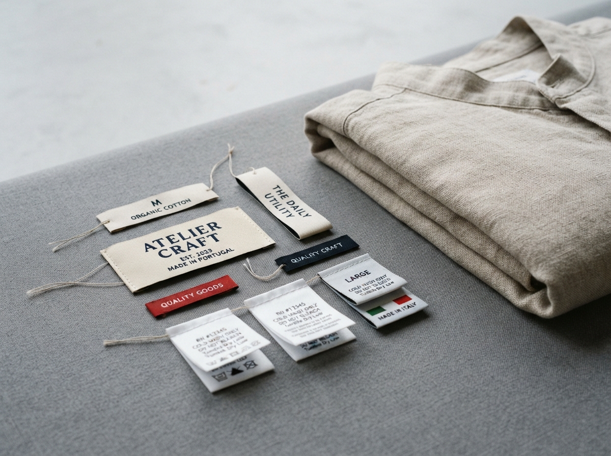 Studio product photograph: a collection of various branded woven neck labels and care tags arranged...