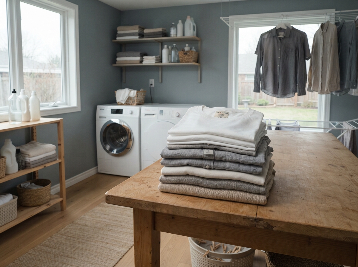 A wide shot of a laundry room area with a stack of fresh, folded cotton garments sitting on a...