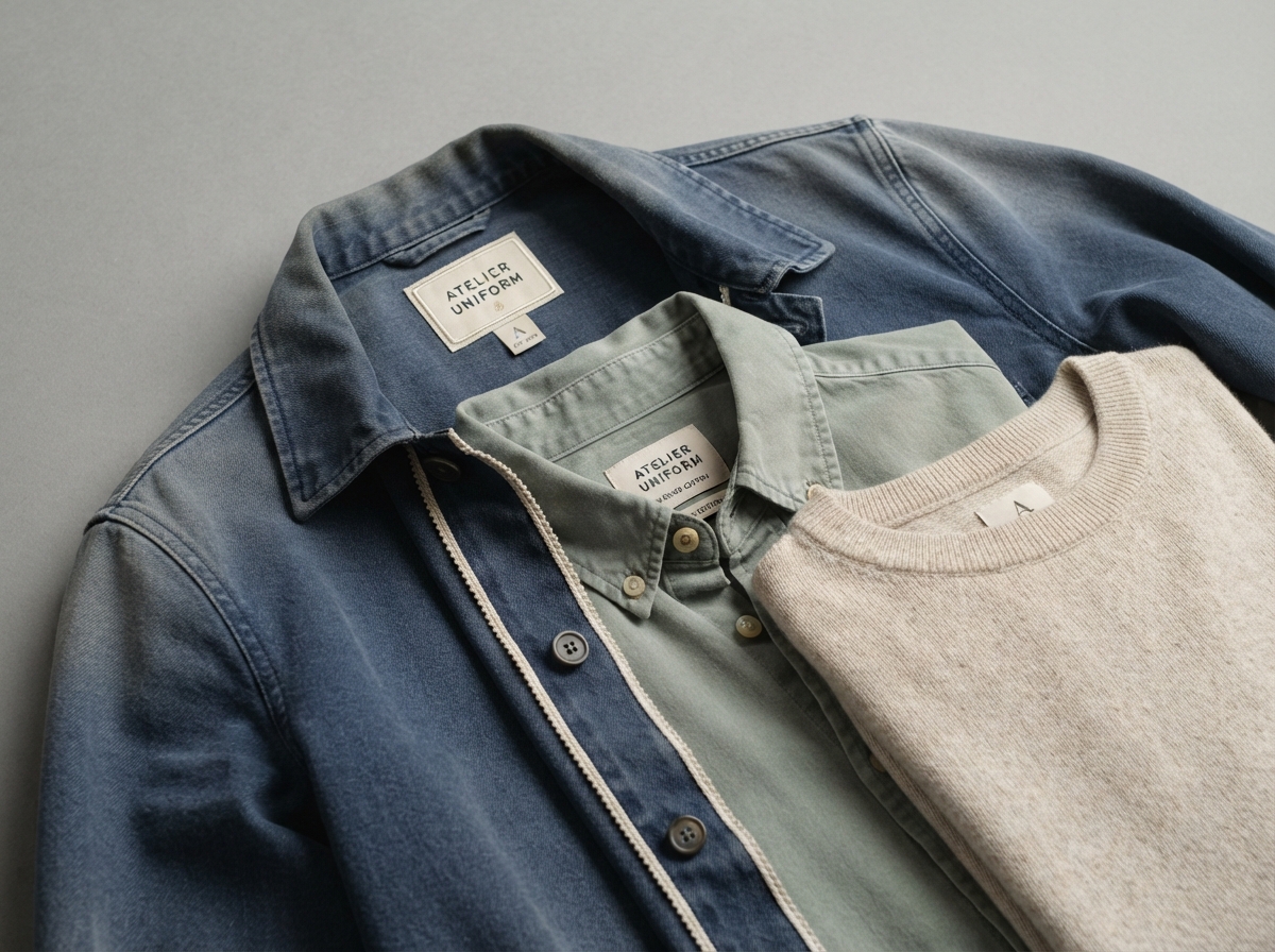 Studio product photograph: a arrangement of several uniform pieces, including shirts and a jacket,...