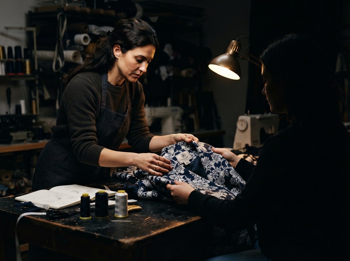 A close shot of two people in a small design studio working together at a wooden table, one person...