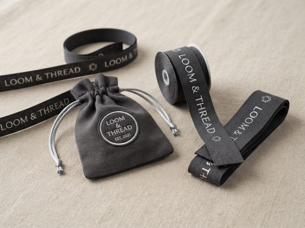 Studio product photograph: a collection of custom woven ribbons and a small matching textile pouch...