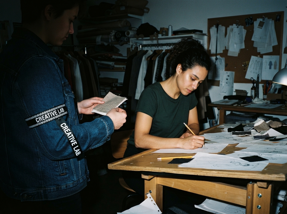 A mid-distance shot of a designer sketching on a drafting table while another person stands nearby...