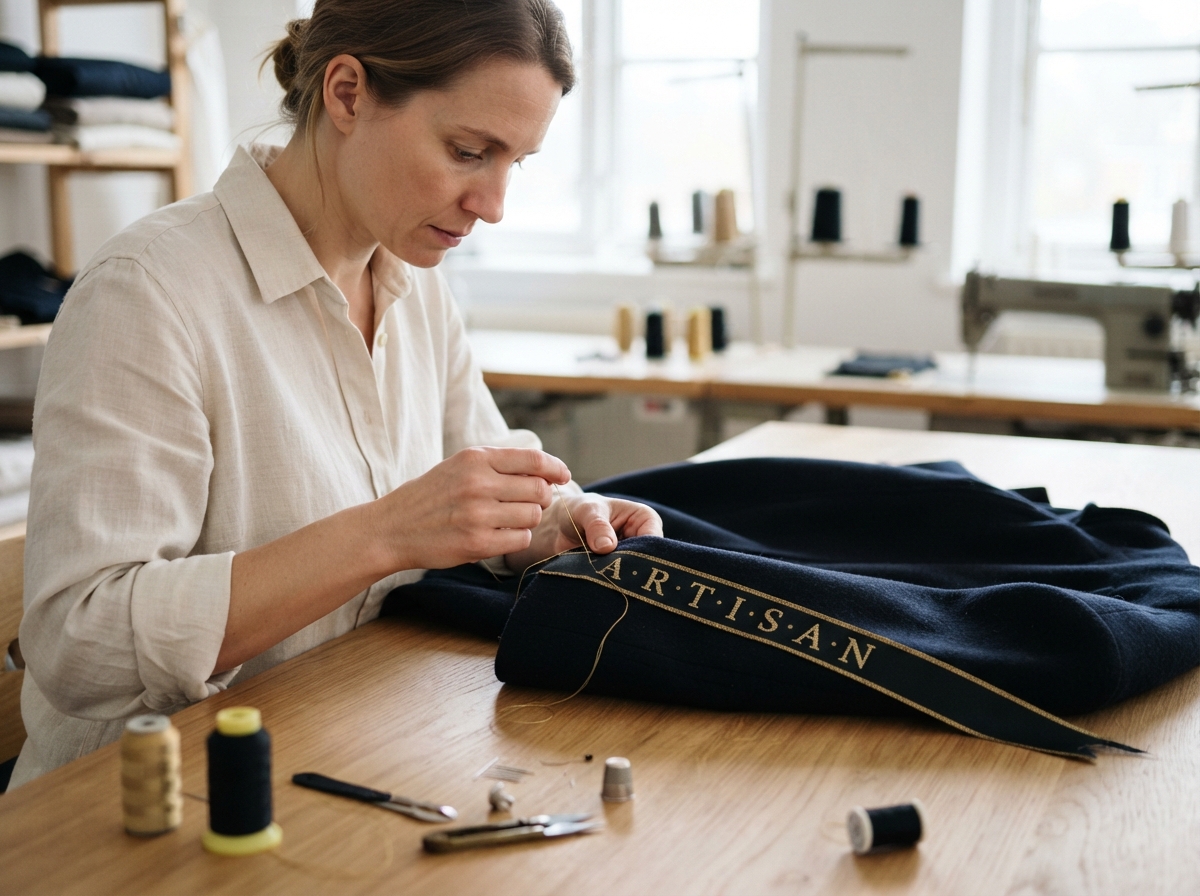 Mid-distance shot in a bright, late-morning workspace. a person is attaching a gold-threaded woven...