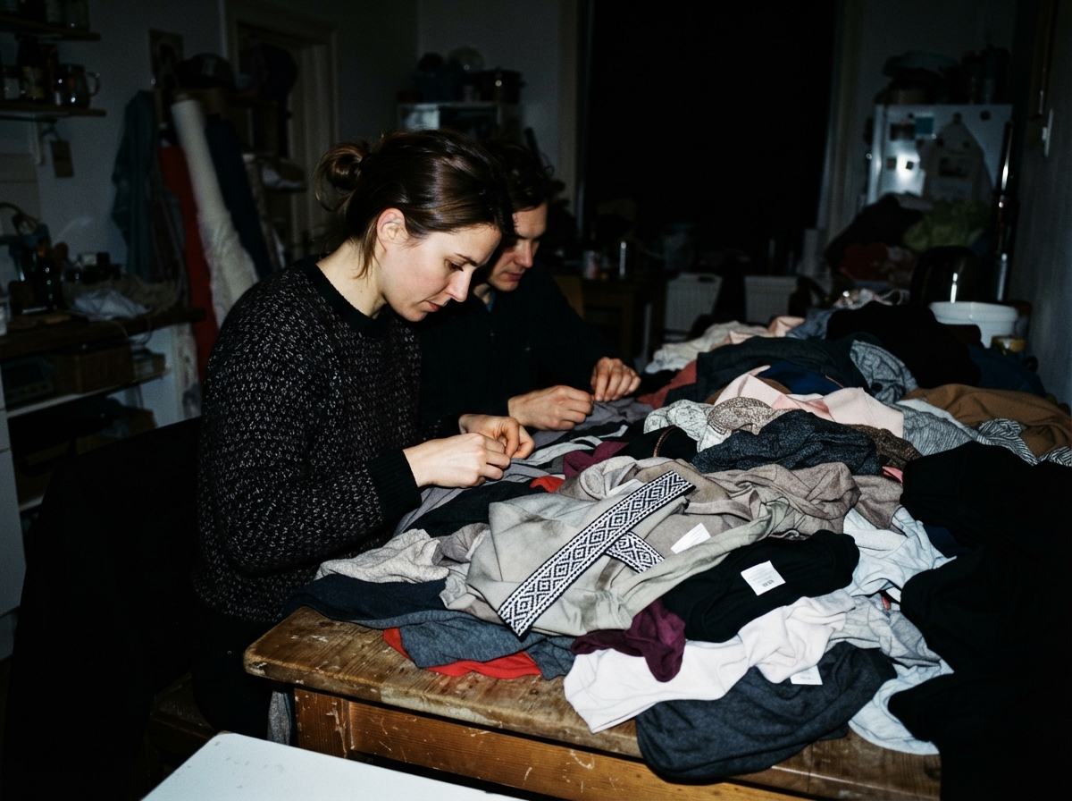 Wide shot of a small workspace in a domestic setting, lit by a small on-camera flash. two people...
