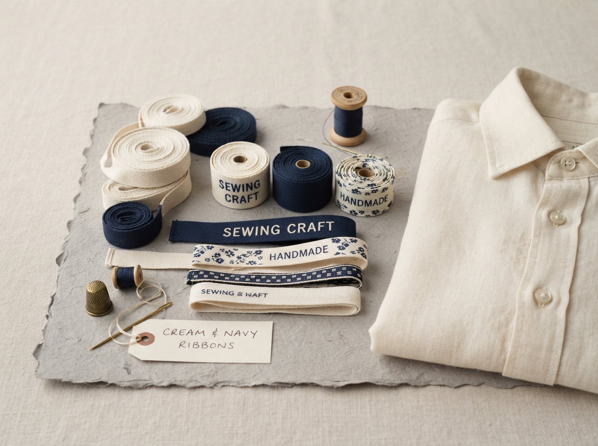 Studio product photograph: a collection of narrow, cream and navy woven ribbons arranged on muted...