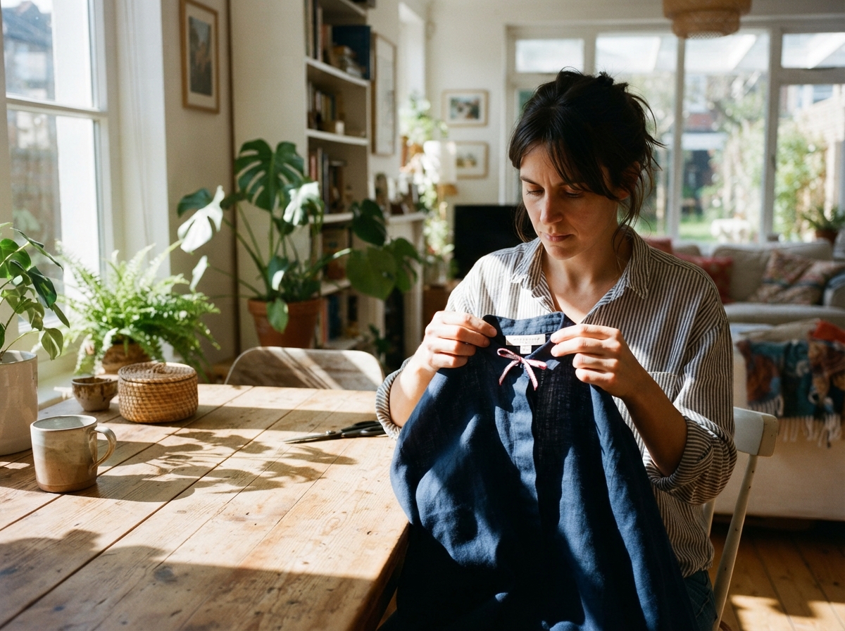 A wide, sun-drenched living room setting where a person is holding a newly purchased garment,...
